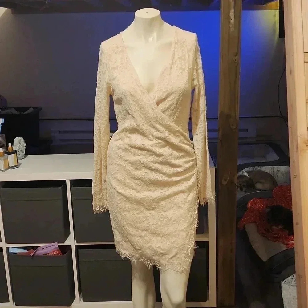 Free People Cream Lace Long Sleeve Wrap Dress